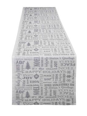White and Metallic Silver Seasonal Script Table Runner Christmas Holiday